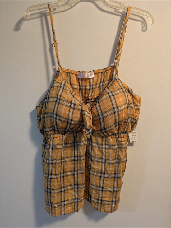 No Boundaries Tops - Yellow Plaid Tie-Front Spaghetti Strap Top